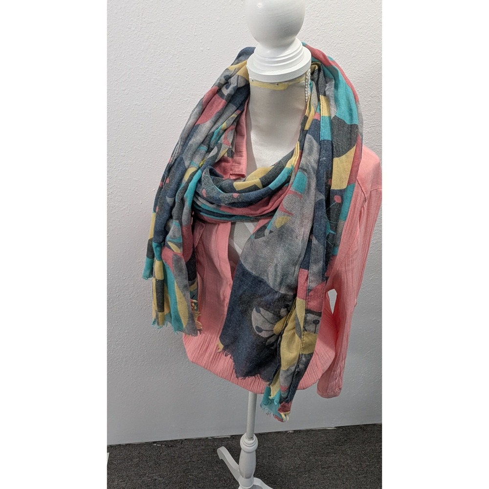 Abstract Geometric Print Oversized Scarf Teal Pink Yellow Grey Frayed Edge Wrap